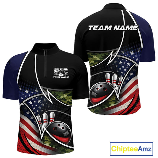 Custom Patriotic US Flag Bowling Team Shirts, Freedom Military Camo Men Bowling Jerseys IPHW10531