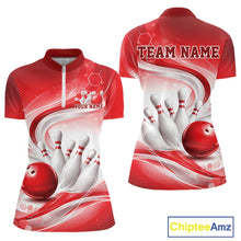 Load image into Gallery viewer, Front and back mockup of a womens white and red bowling quarter-zip pullover featuring abstract wave lines and a glossy bowling ball striking pins.