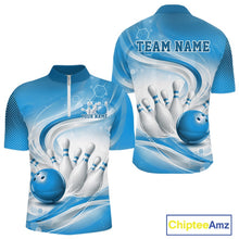 Load image into Gallery viewer, Front and back mockup of a mens white and blue bowling quarter-zip pullover featuring abstract wave lines and a glossy bowling ball striking pins.
