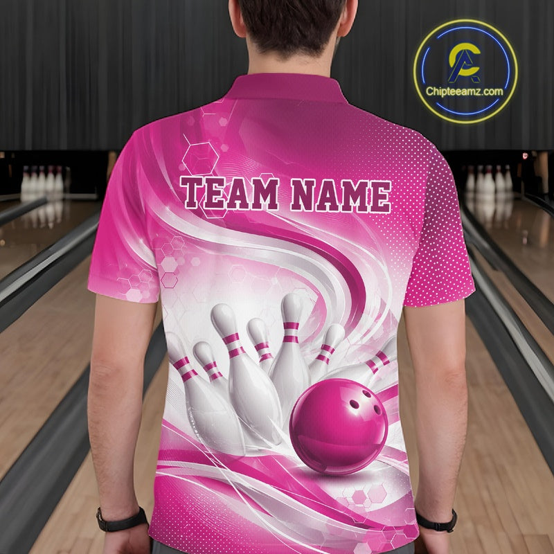 Back view of a male model wearing a white and pink bowling polo shirt in a bowling alley featuring flowing abstract wave patterns and a glossy bowling ball striking a set of pins