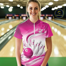 Load image into Gallery viewer, Custom Pink Halftone Dots Hexagon Bowling Team Jerseys, Women Quarter-Zip Bowling Shirt IPHW11377
