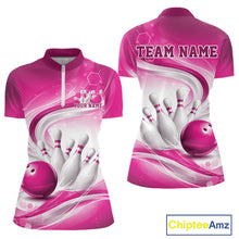 Load image into Gallery viewer, Custom Pink Halftone Dots Hexagon Bowling Team Jerseys, Women Quarter-Zip Bowling Shirt IPHW11377