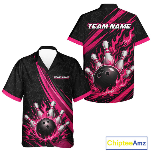 Custom Black And Pink Fire Flame Bowling Team Men And Women Hawaiian Shirt, Team Jerseys IPHW11681