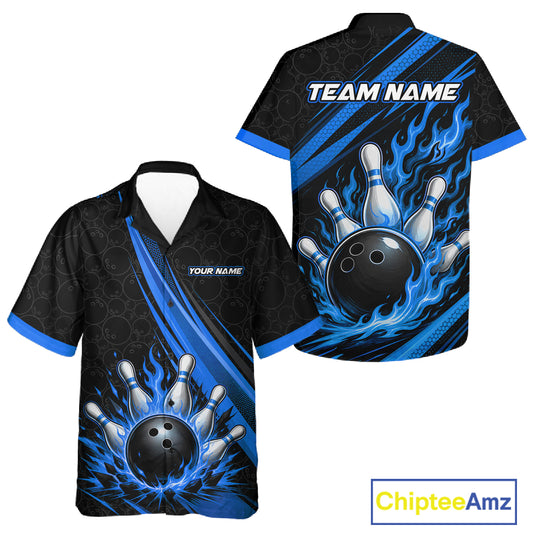 Custom Black And Blue Fire Flame Bowling Team Men And Women Hawaiian Shirt, Team Jerseys IPHW11683