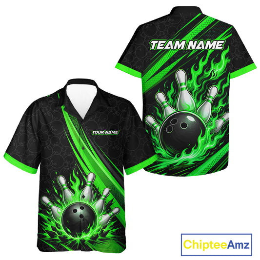 Custom Black And Green Fire Flame Bowling Team Men And Women Hawaiian Shirt, Team Jerseys IPHW11684