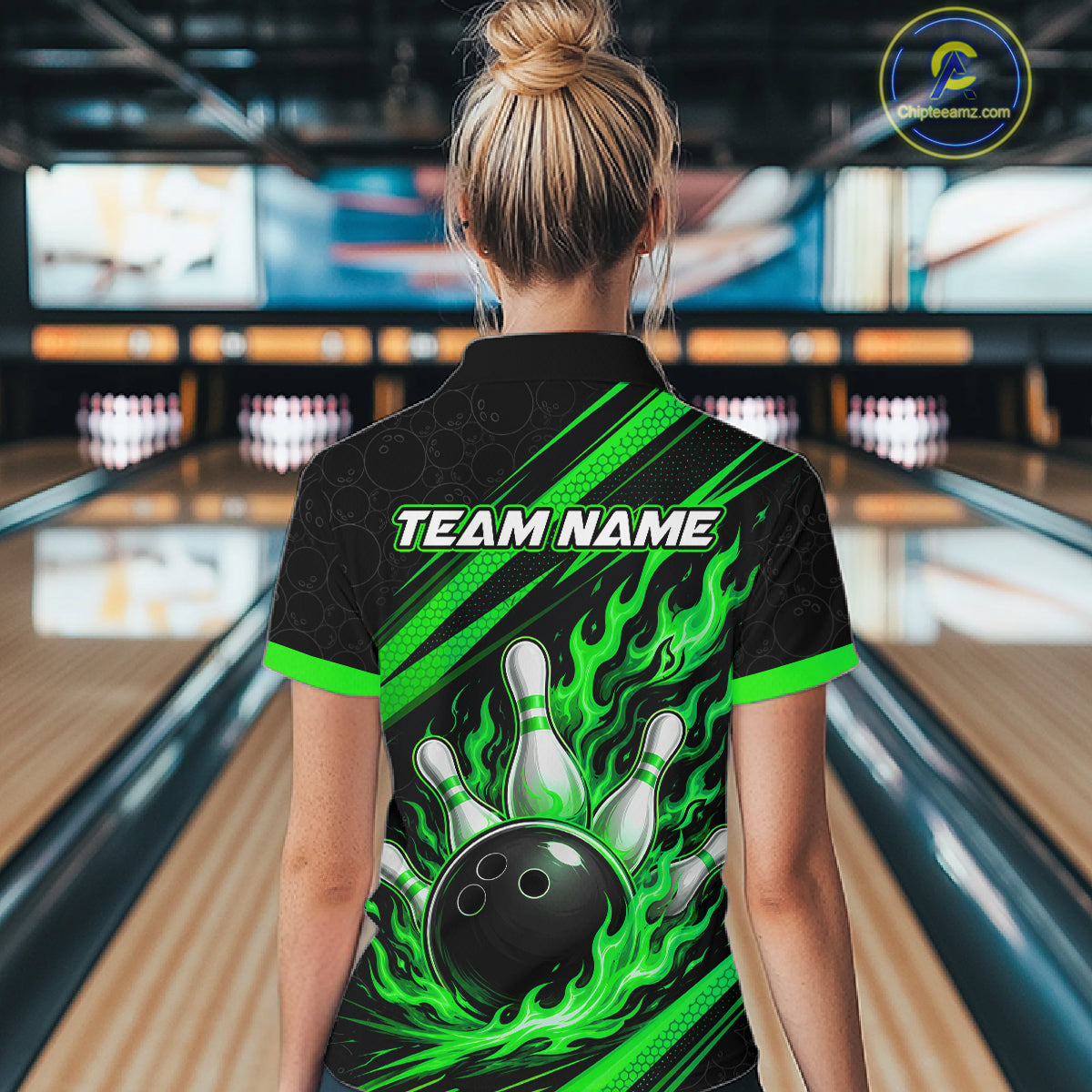 Custom Black And Green Fire Flame Bowling Team Women Quarter-Zip Shirt, Team Jerseys IPHW11684