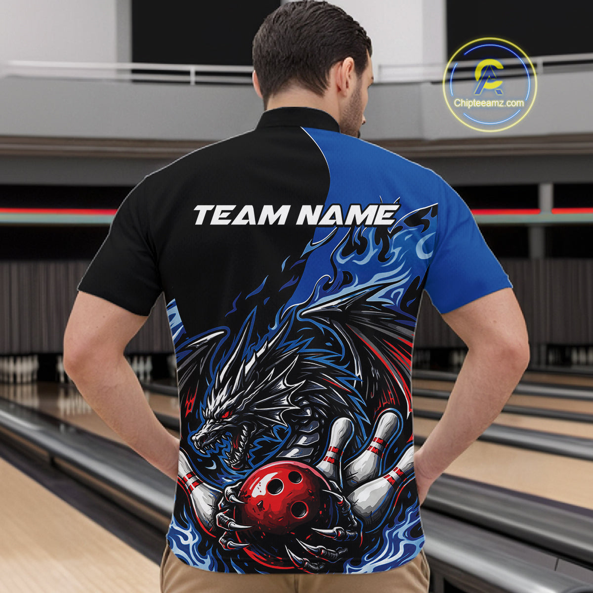 Custom Blue And Red Dragon Bowling Men Quarter-Zip Team Shirt, Dragon Bowling League Shirts IPHW10368