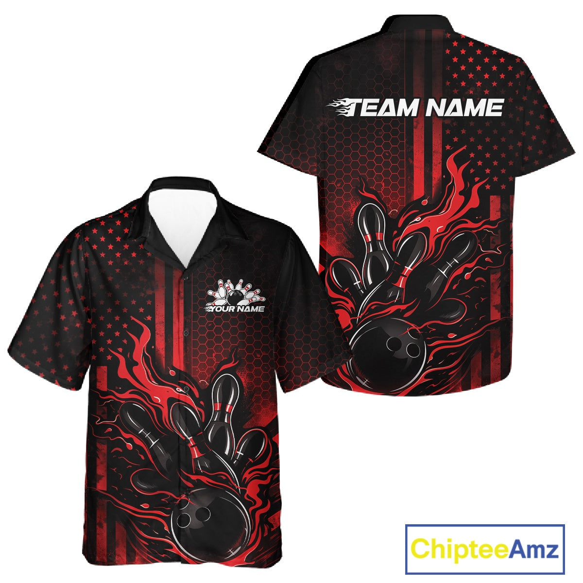 Front and back view of a black and red button-up bowling shirt featuring flames around a bowling ball striking pins with American flag bowling theme.