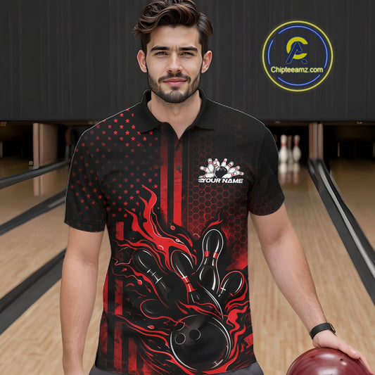 Male model wearing a black and red bowling polo shirt at a bowling lane with fiery bowling action graphics and patriotic styling.