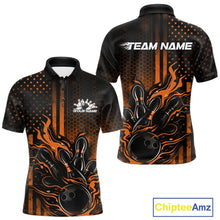 Load image into Gallery viewer, Custom Orange Patrotic Flame Bowling Men Polo Shirt, US Flag Bowling Jersey IPHW11156