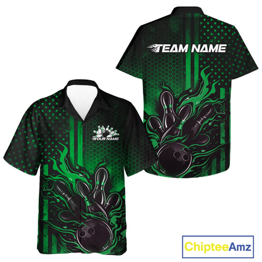 Front and back view of a black and green button-up bowling shirt featuring flames around a bowling ball striking pins in patriotic bowling design.