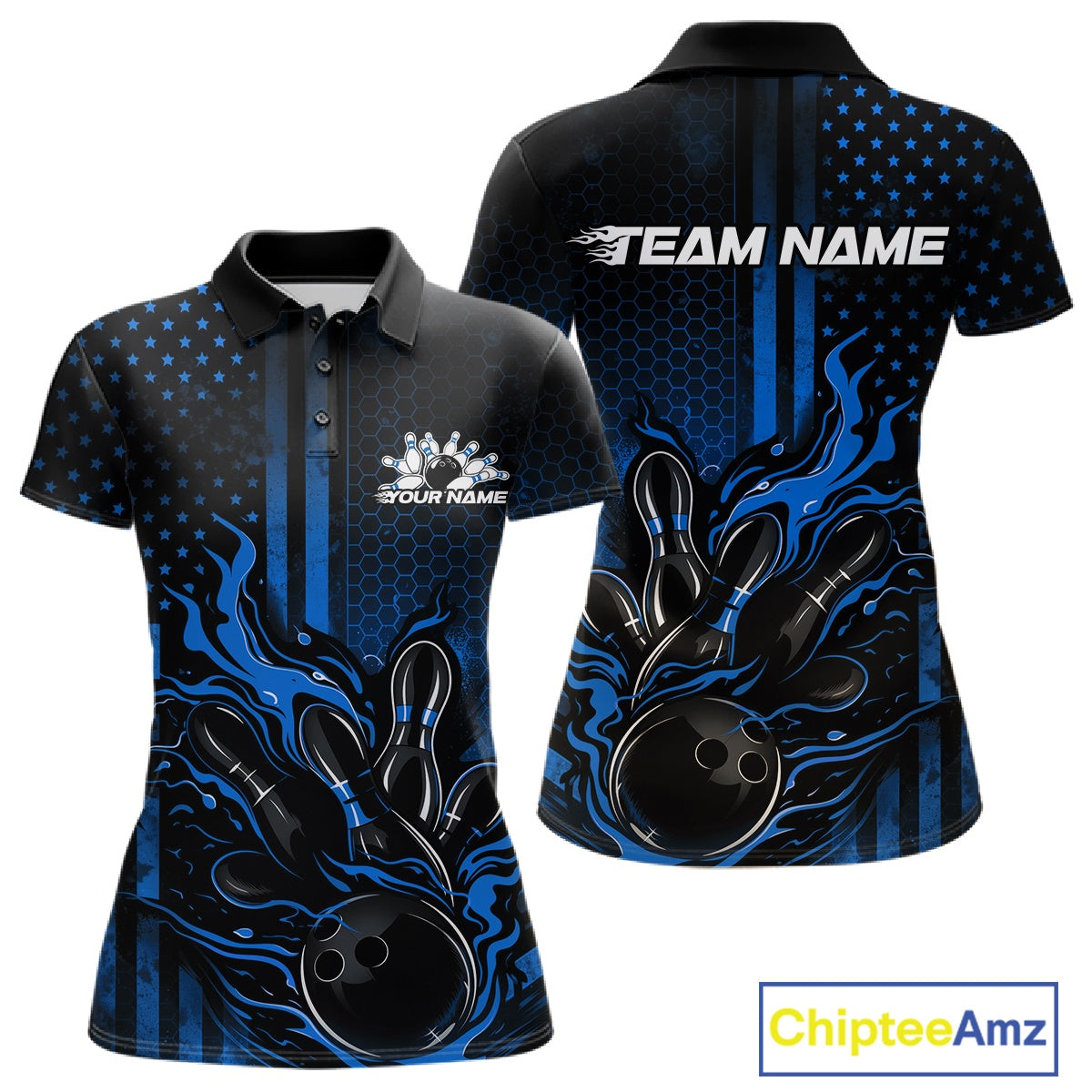 Front and back view of a black and blue womens bowling polo shirt showcasing a flaming bowling ball striking pins with patriotic American flag styling.