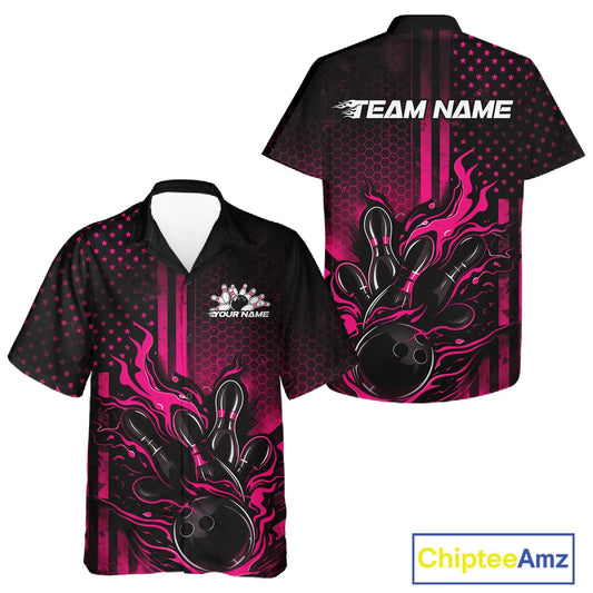 Front and back view of a black and pink button-up bowling shirt featuring flames around a bowling ball striking pins in patriotic bowling style.