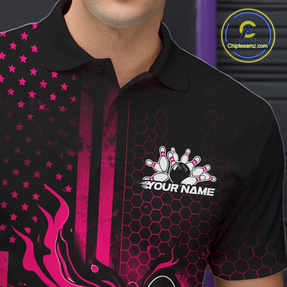 Close-up of a black and pink bowling polo shirt left chest showing patriotic flames around a bowling ball striking pins in a bowling-themed design.