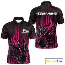 Load image into Gallery viewer, Custom Pink Patrotic Flame Bowling Men Polo Shirt, US Flag Bowling Jersey IPHW11159
