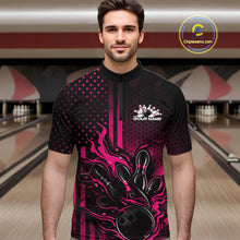 Load image into Gallery viewer, Custom Pink Patrotic Flame Bowling Men Quarter-Zip Shirt, US Flag Bowling Jersey IPHW11159
