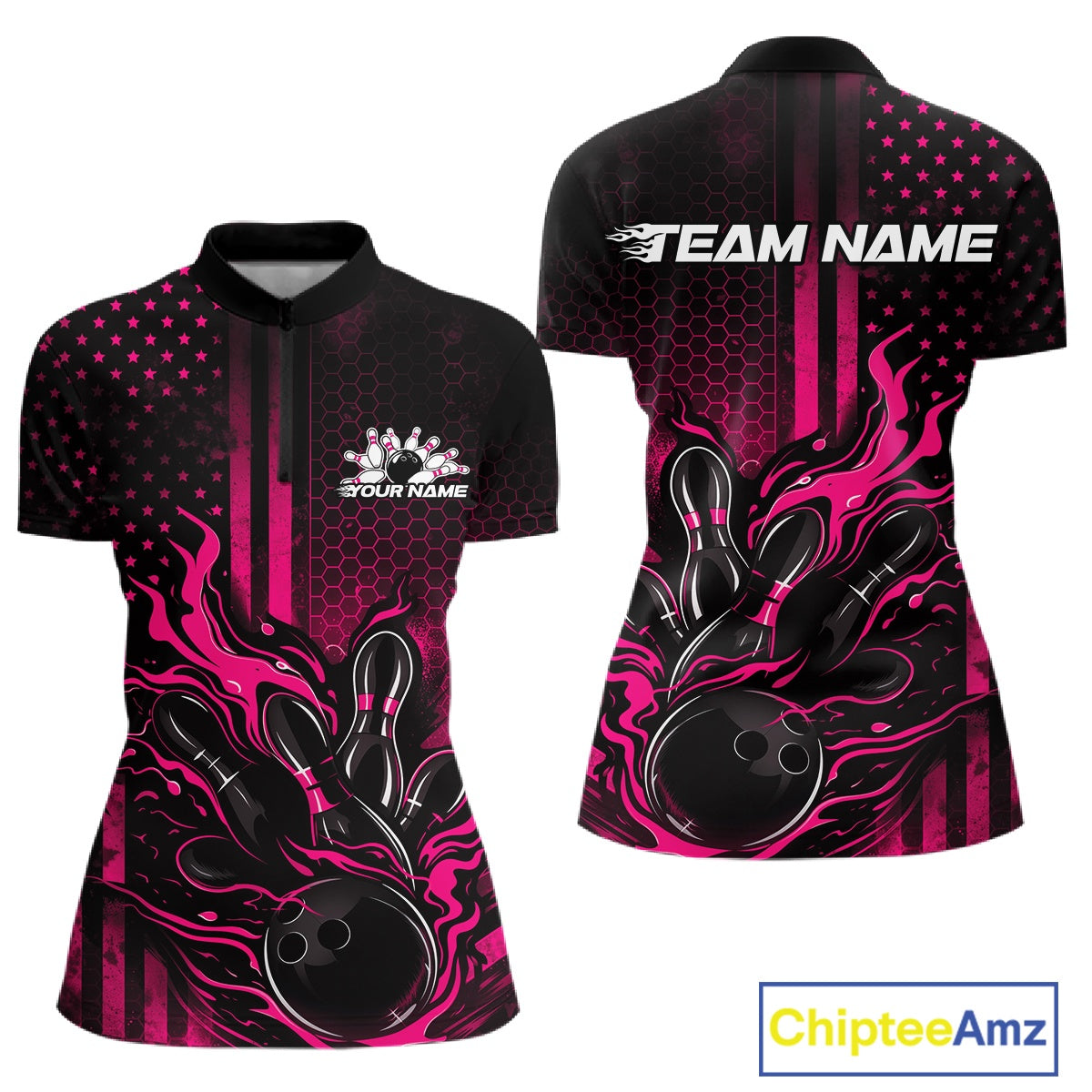 Front and back mockup of a black and pink women’s bowling quarter-zip shirt featuring a flaming bowling ball striking pins with patriotic American flag bowling artwork.