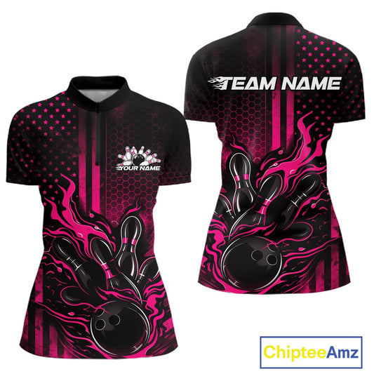 Front and back mockup of a black and pink women’s bowling quarter-zip shirt featuring a flaming bowling ball striking pins with patriotic American flag bowling artwork.