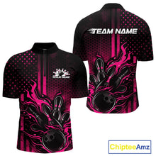 Load image into Gallery viewer, Custom Pink Patrotic Flame Bowling Men Quarter-Zip Shirt, US Flag Bowling Jersey IPHW11159