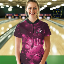 Load image into Gallery viewer, Custom Pink Butterfly And Roses Bowling Women Quarter-Zip Shirts, Ladies Bowling Team IPHW10878