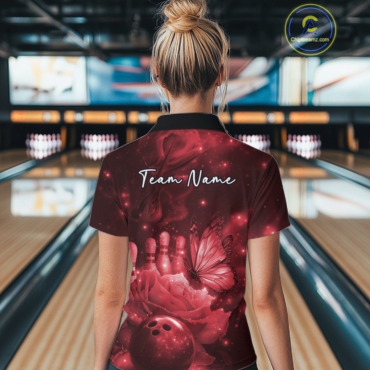 Custom Red Butterfly And Roses Bowling Women Quarter-Zip Shirts, Ladies Bowling Team IPHW10879
