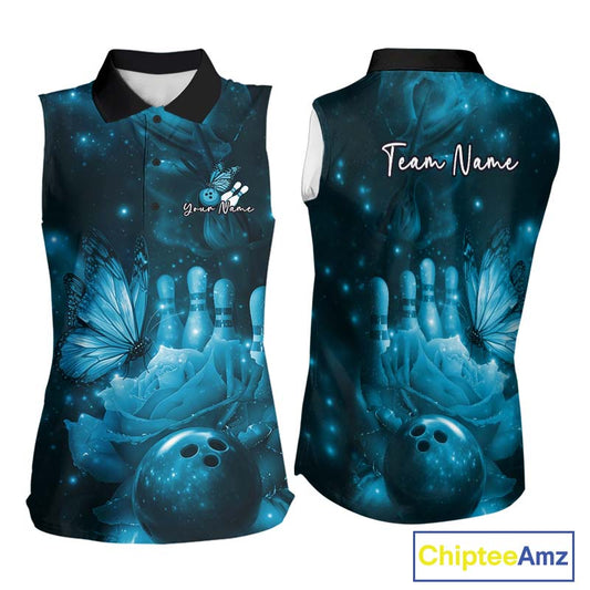Custom Blue Butterfly And Roses Bowling Women Sleeveless Polo Shirts, Ladies Bowling Team IPHW10880
