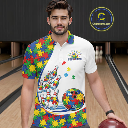 Male model in a bowling lane wearing a white polo shirt, front view showcasing colorful autism-themed bowling strike design with puzzle accents