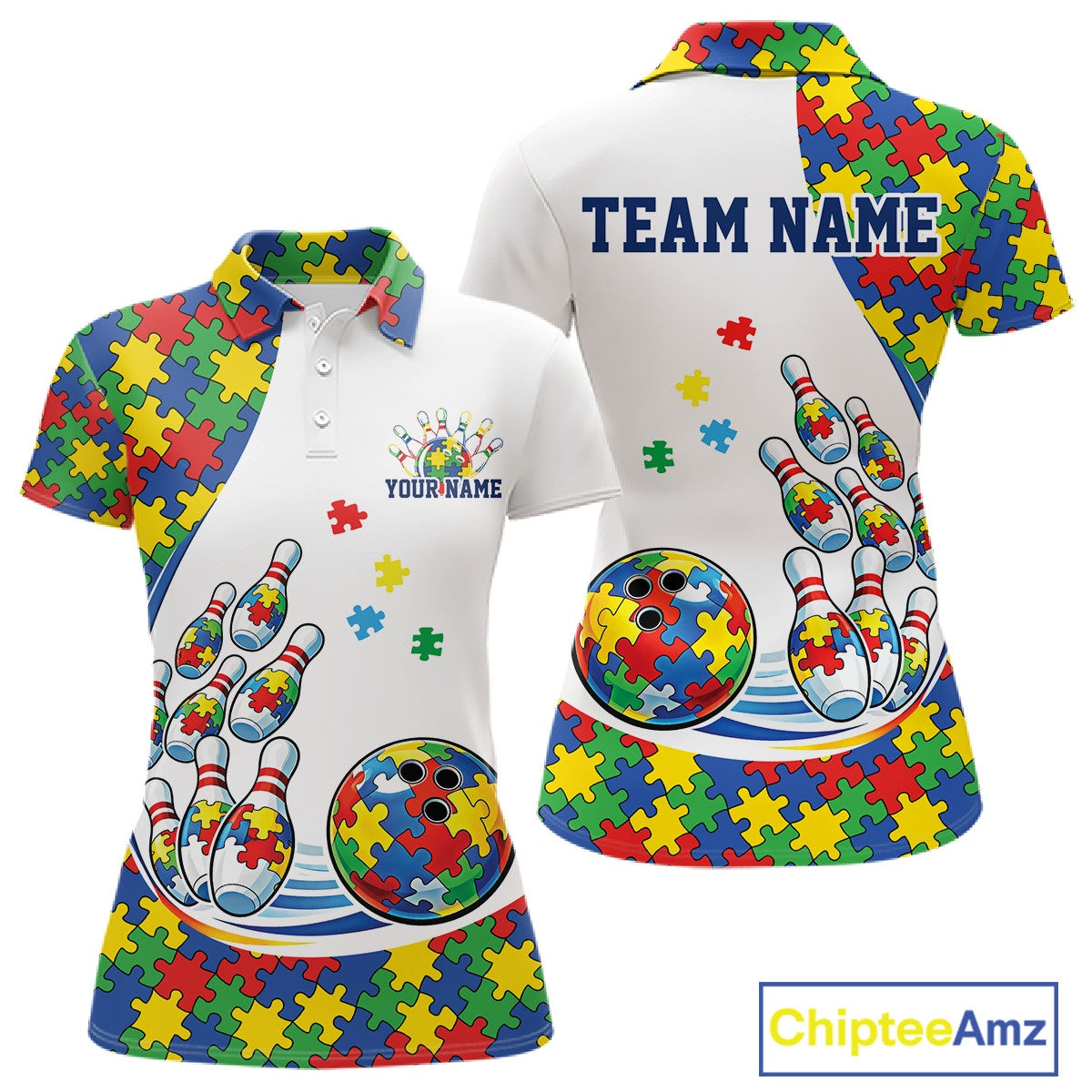 Women’s polo shirt mockup front and back featuring colorful autism bowling strike theme with puzzle-inspired graphics on white fabric