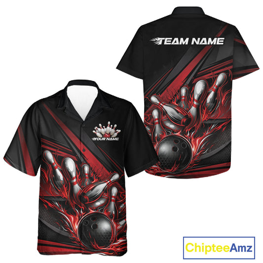 Button-up bowling shirt mockup featuring a black shirt with red flame bowling ball striking pins and abstract geometric stripe accents in a clean front and back layout