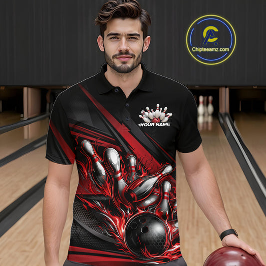 Male model in a bowling lane wearing black polo shirt, front view showcasing red flame bowling ball hitting pins with bold stripe design