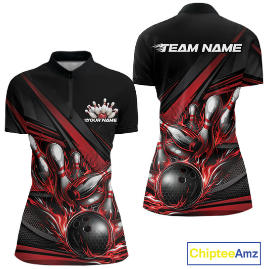 Front and back view of a women’s quarter-zip bowling shirt mockup in black, featuring red flame bowling ball striking pins with abstract geometric stripe pattern.