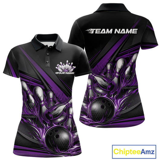 Women’s polo shirt mockup front and back displaying purple flame bowling ball striking pins with abstract geometric stripe details on black