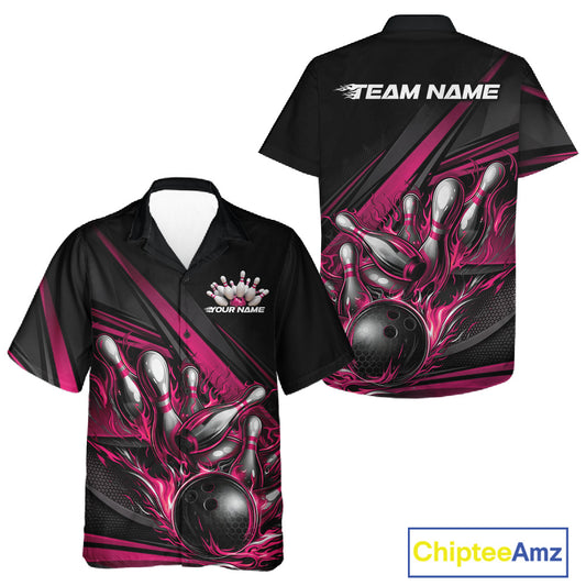 Button-up bowling shirt mockup featuring black shirt with hot pink flame bowling ball hitting pins and dynamic geometric stripe artwork