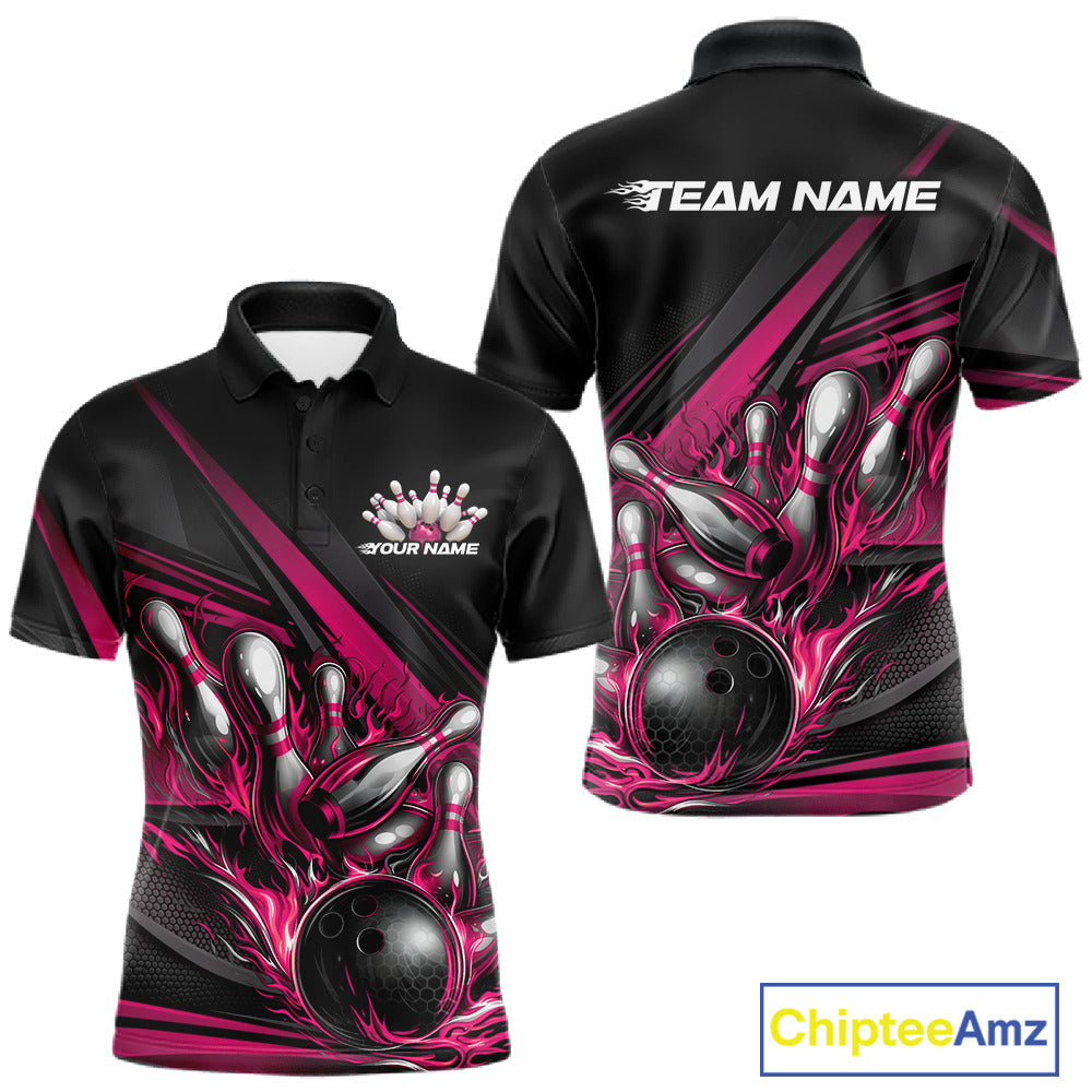 Men’s bowling polo shirt mockup front and back showing hot pink flame bowling ball striking pins with abstract geometric stripes on black shirt