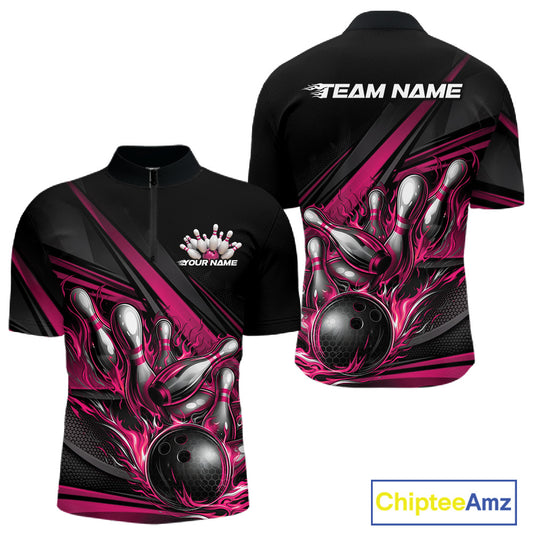 Front and back view of a men’s quarter-zip bowling shirt mockup in black, featuring hot pink flame bowling ball striking pins with geometric stripe patterns.