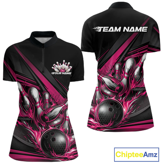Front and back view of a women’s quarter-zip bowling shirt mockup in black, featuring hot pink flame bowling ball striking pins with abstract geometric stripes.