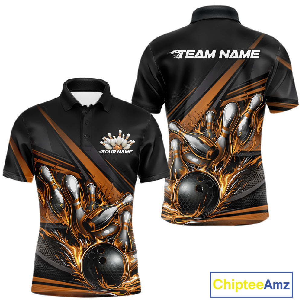 Men’s bowling polo shirt mockup front and back displaying gold flame bowling ball striking pins with abstract geometric stripes on black fabric