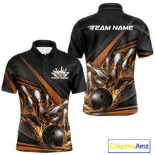 Load image into Gallery viewer, Custom Black And Gold Flame Bowling Team Jersey, Bowling Tournament Men Polo Shirt IPHW11209