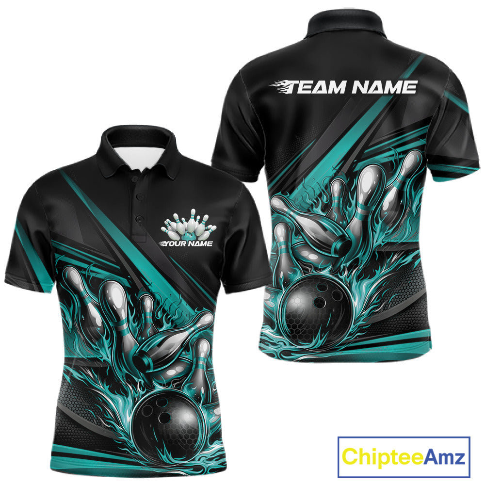 Men’s bowling polo shirt mockup front and back featuring turquoise flame bowling ball striking pins with abstract geometric stripes on black shirt