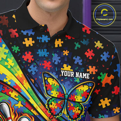 Close-up left chest detail of colorful bowling polo shirt featuring autism ribbon, butterfly, and flame bowling emblem artwork