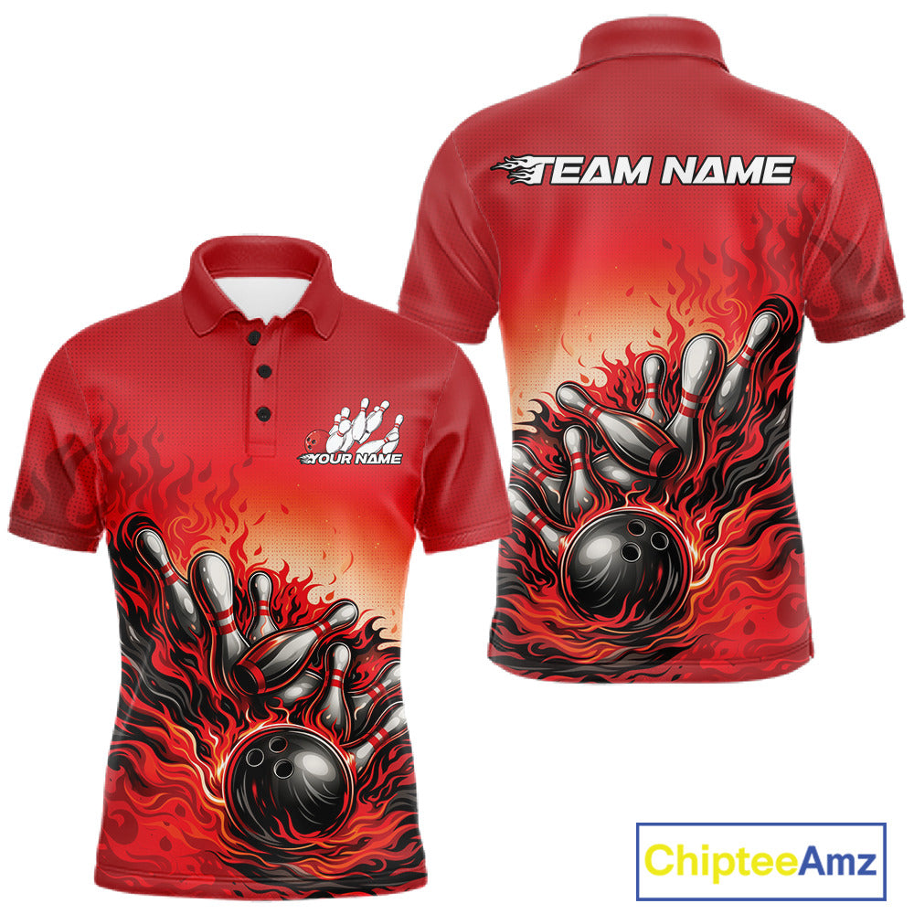 Men’s bowling polo shirt mockup front and back featuring flame bowling ball striking pins design on a red shirt