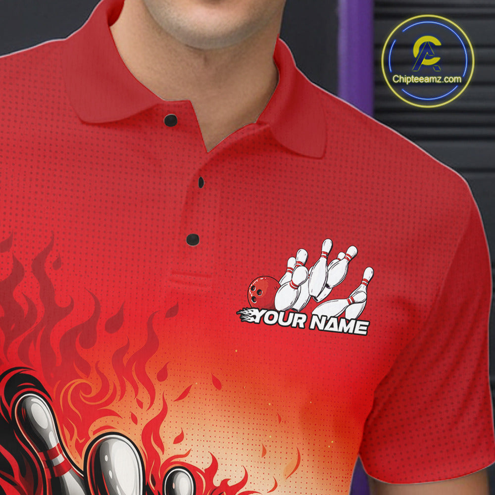 Close-up left chest detail of red bowling polo shirt showcasing flame bowling ball and pins emblem design