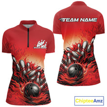 Load image into Gallery viewer, Custom Red Flame Bowling Tournament Women Quarter-Zip Shirt, Fire Bowling League Shirt IPHW11215