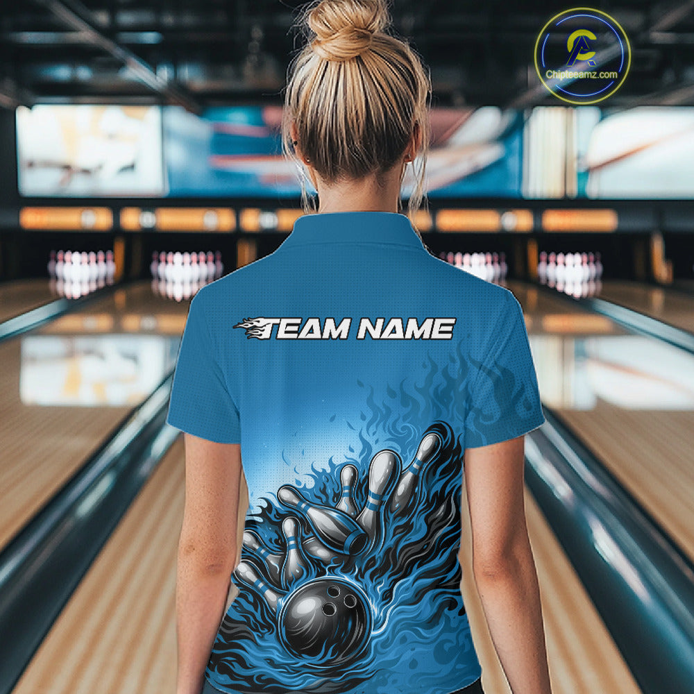 Back View Female Model Wearing Bowling Polo Shirt Featuring Raccoon Wearing Sunglasses And Bandana With Bowling Ball And Pins Graphic Scene