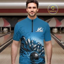 Load image into Gallery viewer, Custom Blue Flame Bowling Tournament Men Quarter-Zip Team Shirt, Fire Bowling League Shirt IPHW11216