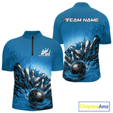 Load image into Gallery viewer, Custom Blue Flame Bowling Tournament Men Quarter-Zip Team Shirt, Fire Bowling League Shirt IPHW11216