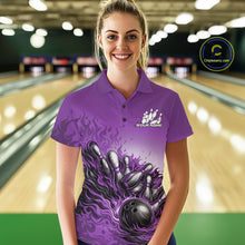Load image into Gallery viewer, Custom Purple Flame Bowling Tournament Women Polo Team Shirt, Fire Bowling League Shirt IPHW11217