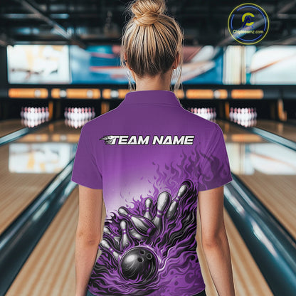 Back view of a female bowler wearing a purple quarter-zip shirt, flame bowling ball and pins illustration with dynamic motion design.