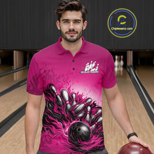 Load image into Gallery viewer, Custom Pink Flame Bowling Tournament Men Polo Team Shirt, Fire Bowling League Shirt IPHW11218
