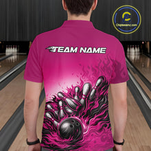 Load image into Gallery viewer, Custom Pink Flame Bowling Tournament Men Polo Team Shirt, Fire Bowling League Shirt IPHW11218